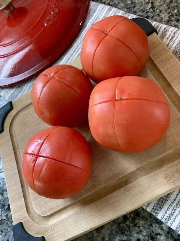 Preparing tomatoes for stewing