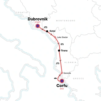 tourhub | G Adventures | Southern Europe: Montenegro, Corfu & Medieval Fortresses | Tour Map