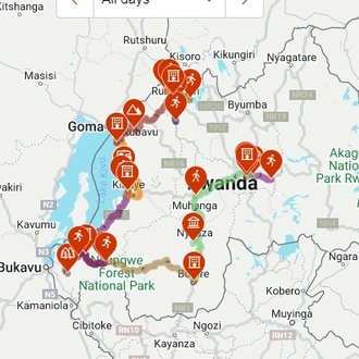 tourhub | Kingfisher Journeys | 14 Days - Kayak, Bike & Hike Rwanda & See the Gorillas | Tour Map