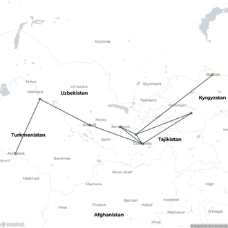 tourhub | Oasis Overland | Bishkek To Ashgabat (31 Days) Silk Road Highlights | Tour Map