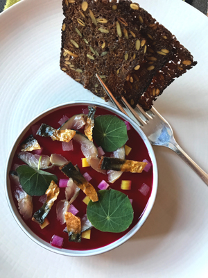 Smoked mackeral pate with horseradish, local beetroot and apple with crispy pumpernickel bread