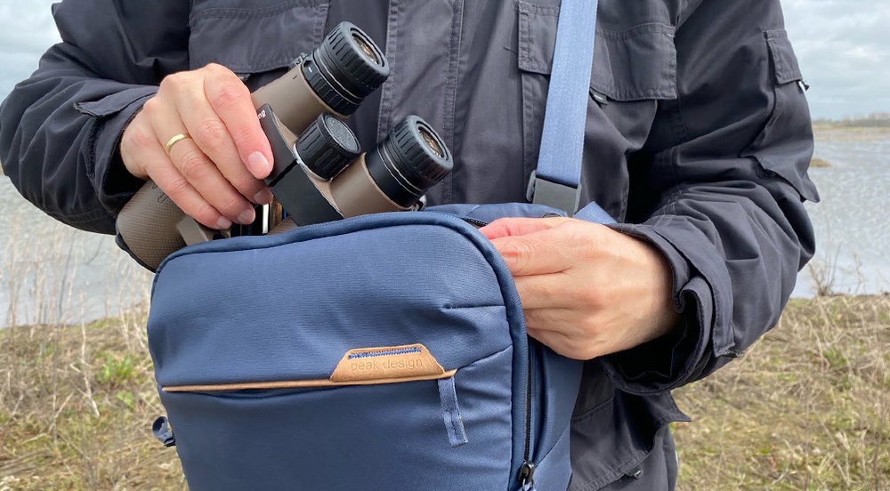 Bushnell Forge binoculars in Peak Design Sling 6L at Global Birdfair