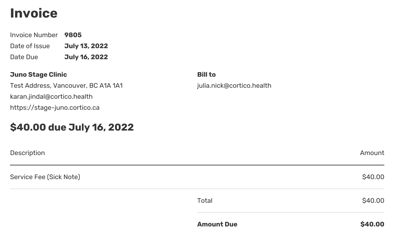 Invoice example from Cortico Health EMR plug in