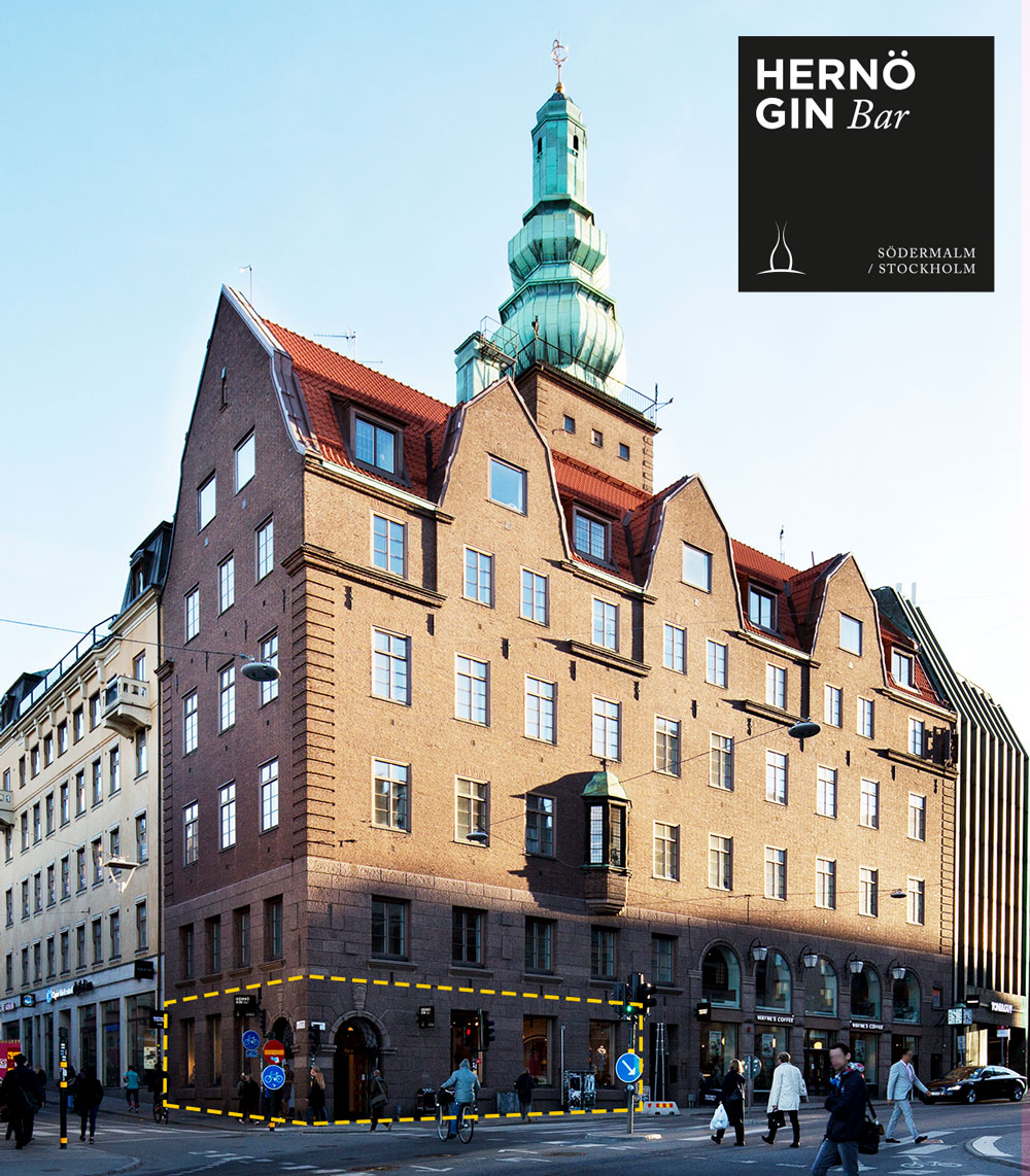 Hernö Gin Bar, Hornsgatan 1, Södermalm, Stockholm. Kommer att ligga i de markerade lokalerna.