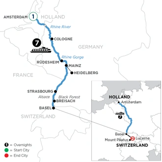 tourhub | Avalon Waterways | Romantic Rhine with 1 Night in Amsterdam & 2 Nights in Lucerne (Southbound) (Illumination) | Tour Map
