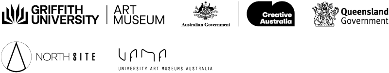 Logos for Griffith University Art Museum, Creative Australia, Queensland Government, NorthSite and University Art Museums Australia