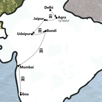 tourhub | Travel N Tours India | New Delhi to Rajasthan with Goa by Rail [13 Days] | Tour Map