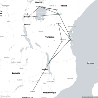 tourhub | Oasis Overland | Nairobi To Harare (44 Days) Apes & Lakes | Tour Map