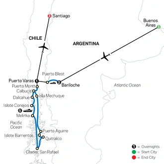 tourhub | Cosmos | Cruising Patagonia with Buenos Aires, Bariloche & Santiago | Tour Map