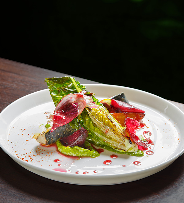 Marinated and seared mackerel, roast Gem lettuce, beetroot, parsley condiment, black cardamom