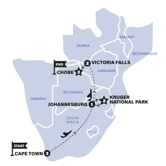 tourhub | Contiki | Cape, Safari & Falls Reunion | Tour Map