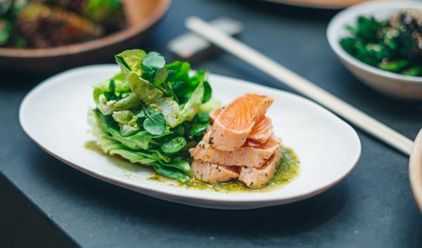 Salmon teriyaki, wasabi ponzu, watercress, butter lettuce