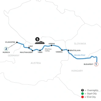 tourhub | Avalon Waterways | Danube Symphony with 2 Nights in Munich & 1 Night in Budapest (Eastbound) (View) | Tour Map