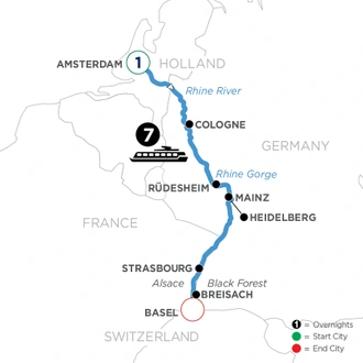 tourhub | Avalon Waterways | Romantic Rhine with 1 Night in Amsterdam (Southbound) (Illumination) | Tour Map