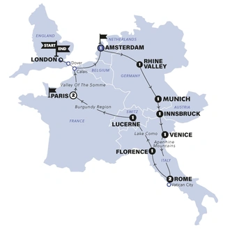tourhub | Contiki | European Discovery | Start London | Summer | Season 2025 | Tour Map