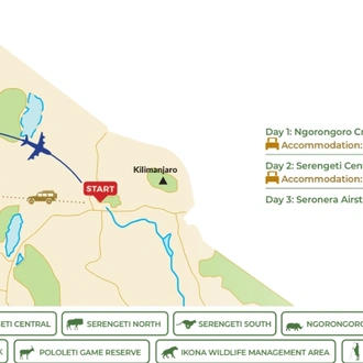 tourhub | Beach and Safari Holidays | A Journey Through The Ngorongoro Crater and Serengeti National Park | Tour Map