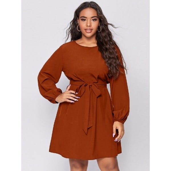 Boat Neck & Bishop Sleeve Belted Dress-Orange - BBTrendy