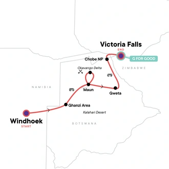 tourhub | G Adventures | Namibia to Victoria Falls Overland Safari | Tour Map