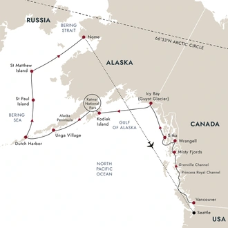 tourhub | HX Hurtigruten Expeditions | Alaska and British Columbia – Inside Passage, Bears and Aleutian Islands (Northbound) | Tour Map