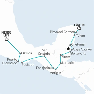 tourhub | Bamba Travel | Mexico City to Cancun (via Guatemala & Belize) Travel Pass | Tour Map