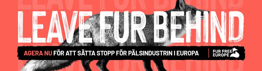 Bild med en räv i bakgrunden. Överst står "Leave fur behind" och under "Agera nu för att sätta stop för pälsindustrin i Europa".