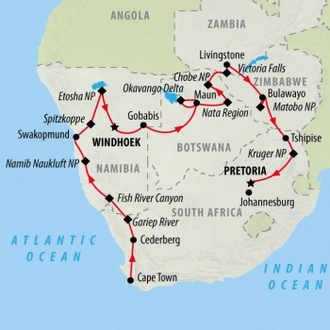 tourhub | On The Go Tours | Cape, Delta, Falls & Kruger (Accommodated)  - 25 days | Tour Map