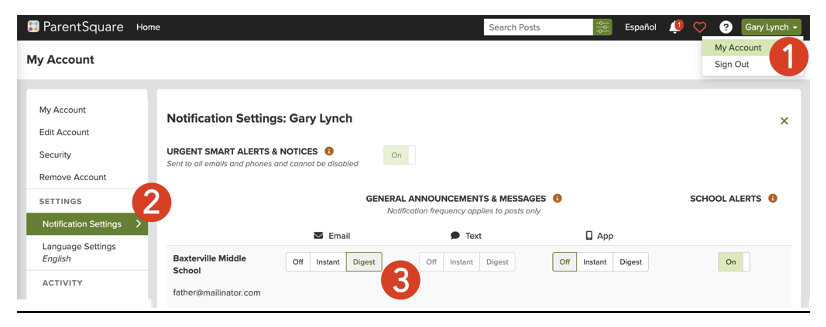 ParentSquare notification settings instructions for web browser