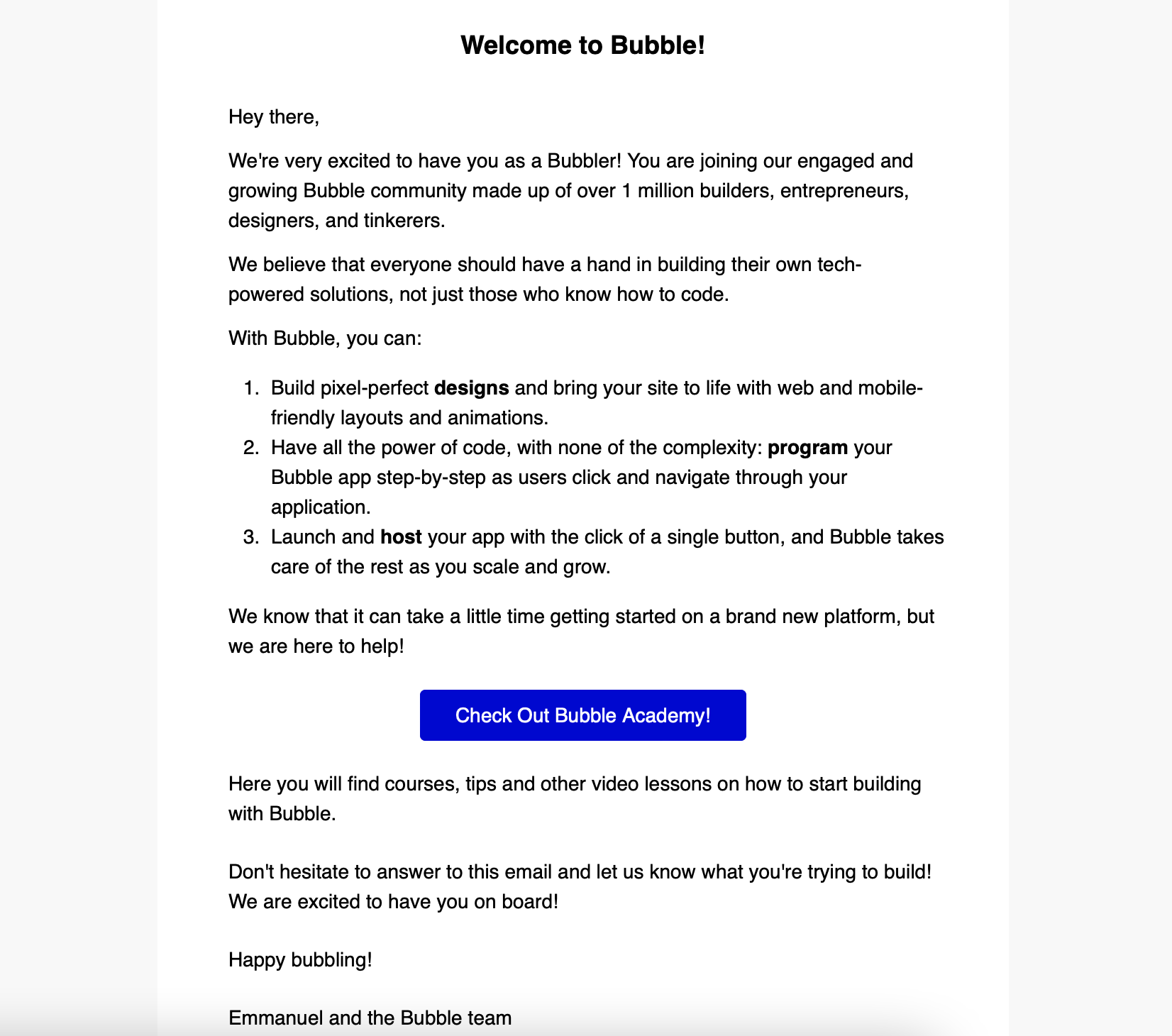 Bubble email onboarding example