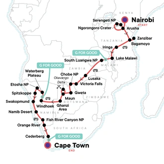 tourhub | G Adventures | Serengeti, Falls & Cape Town Overland: Sunsets & Safaris | Tour Map
