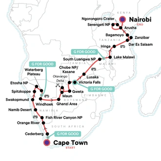 tourhub | G Adventures | Cape Town to the Serengeti: Deserts & Wilderness | Tour Map