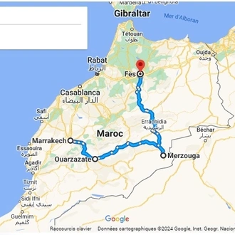 tourhub | Morocco Cultural Trips | 4-Day Tour from Marrakech to Fes via the Sahara Desert | Tour Map
