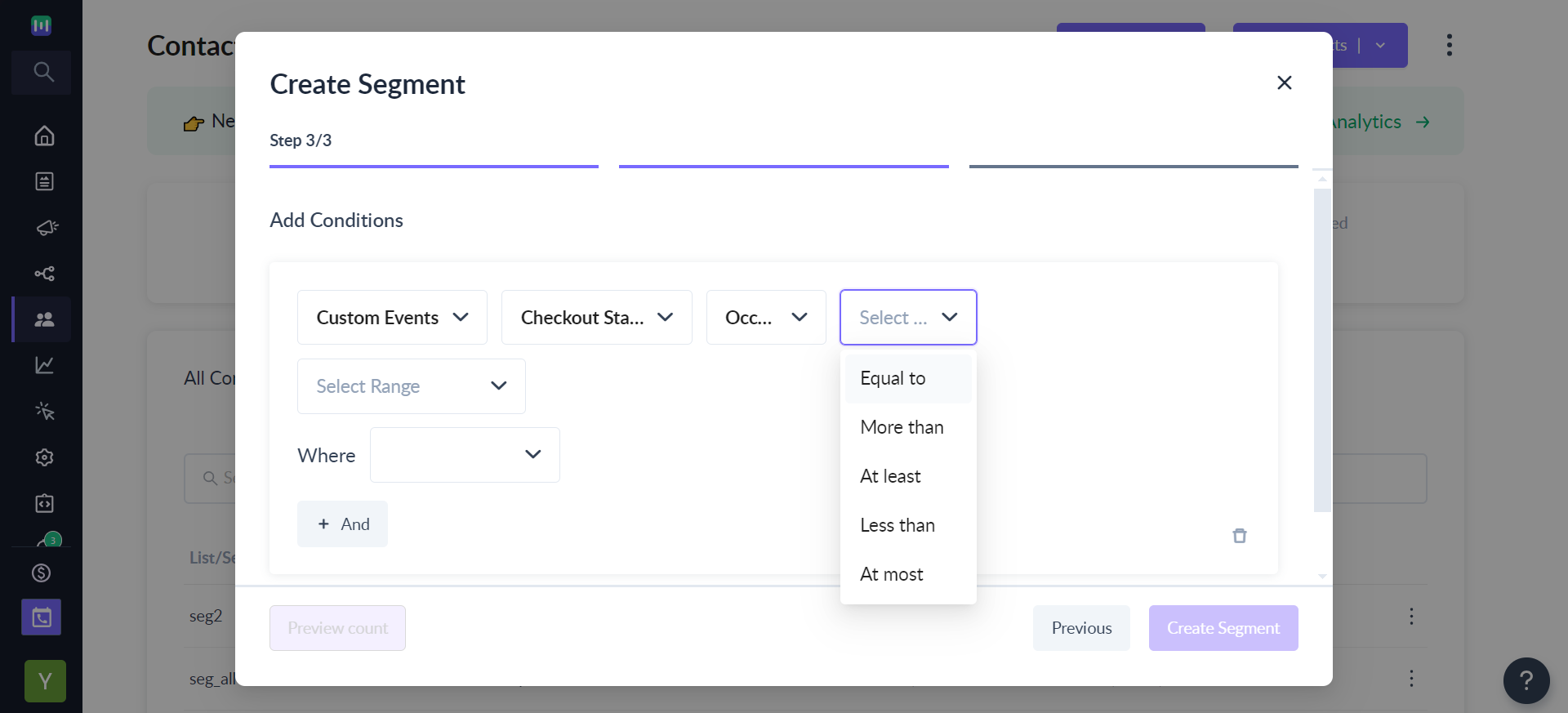 What are the filters available for segmentation using custom events?