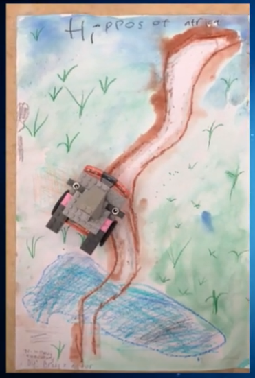 A colorful drawing of a winding path through a grassy landscape, with a Lego robot car at the top of the path and the words 'Hippos of Africa' written at the top.