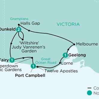 tourhub | APT | Victorian Homesteads & Private Gardens Along the Great Southern Touring Route  | Tour Map