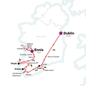 tourhub | G Adventures | Ireland: Charming Villages, Traditional Tales & Hiking the Dingle Peninsula | Tour Map