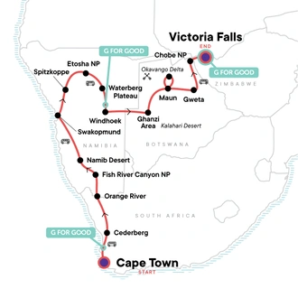 tourhub | G Adventures | Cape Town to Victoria Falls Overland Safari | Tour Map
