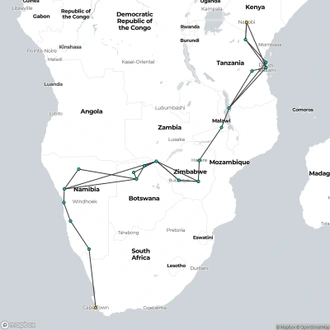 tourhub | Oasis Overland | Nairobi To Cape Town (56 Days) Coast To Coast | Tour Map