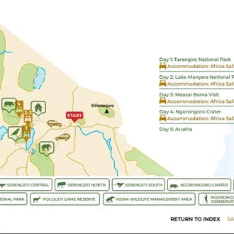 tourhub | Beach and Safari Holidays | From Arusha: 5-Day Tarangire, Lake Manyara & Ngorongoro Tour | Tour Map