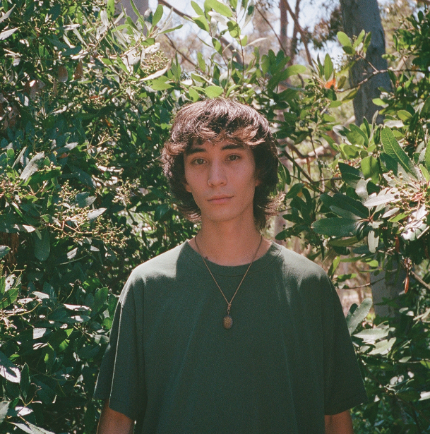 A person in a green tee and necklace with flippy short hair is staring into the camera with sunny leafy green plants behind them.