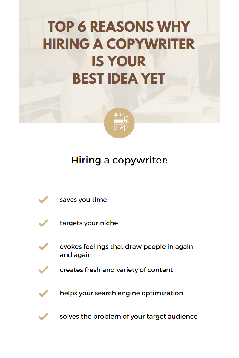 Graphic stating 6 reasons hiring a copywriter is your best idea, yet. Saves time, targets your niche, evokes feelings that draw people in again and again, creates fresh and various content, helps with search engine optimization, solves the problem of your target audience. 