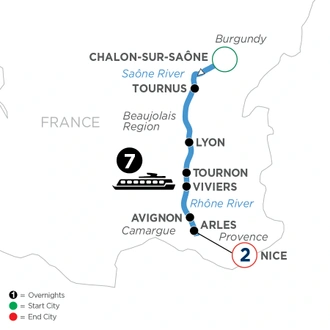 tourhub | Avalon Waterways | Burgundy & Provence with 2 Nights in Nice (Southbound) (Poetry II) | Tour Map