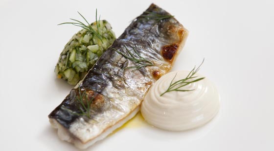 Grilled mackerel, oyster mayonaise and cucumber chutney by Tom Brown at The Capital