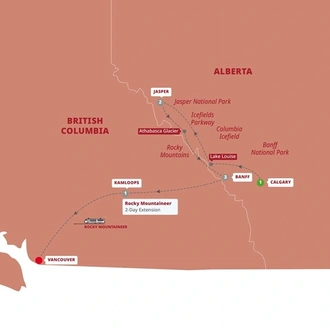 tourhub | Trafalgar | Canada's Rockies with Rocky Mountaineer (Goldleaf) | Tour Map