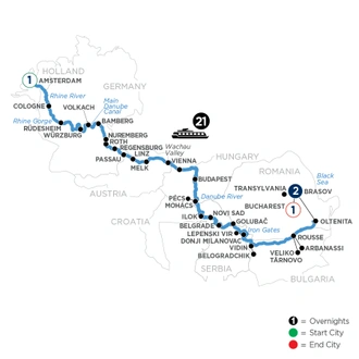 tourhub | Avalon Waterways | Iconic Rivers of Europe - the Rhine, Main & Danube with 1 Night in Amsterdam & 2 Nights in Transylvania (Passion) | Tour Map