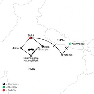 tourhub | Cosmos | India: Land of the Taj & Tigers with Kathmandu & Varanasi | Tour Map