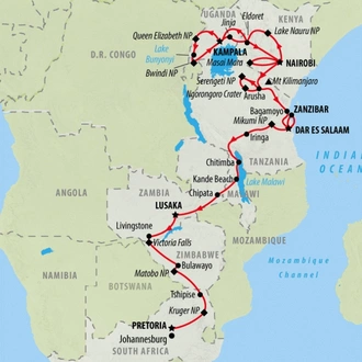 tourhub | On The Go Tours | Jungle, Falls & Game Parks (Accommodated) - 46 days | Tour Map