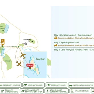 tourhub | Beach and Safari Holidays | Tarangire N.P. + Ngorongoro Crater + Lake Manyara N.P. | Tour Map