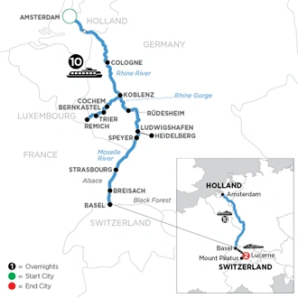 tourhub | Avalon Waterways | The Rhine & Moselle with 2 Nights in Lucerne (Southbound) (Tranquility II) | Tour Map