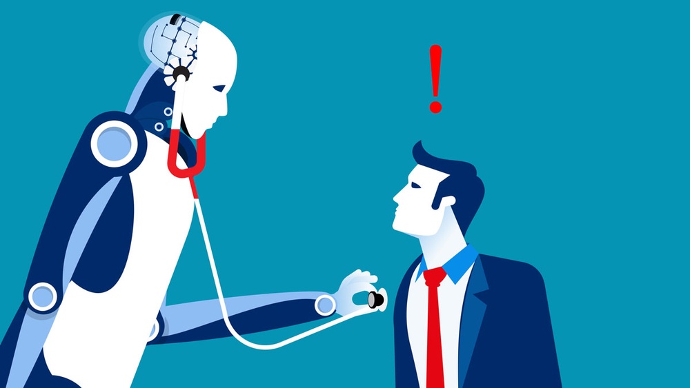 Artist interpretation: An alarmed man see's his doctor is a robot/artifical intelligence.