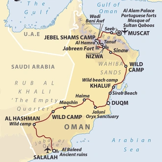 tourhub | Wild Frontiers | Oman Desert Adventure: Wahiba Sands & Empty Quarter | Tour Map